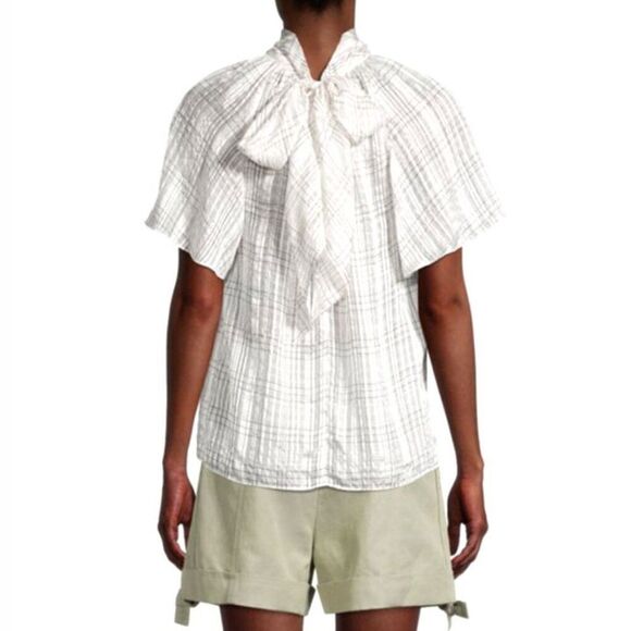 REBECCA TAYLOR - “Jules” Plaid Short-Sleeve Silk Blouse - Size 6, White, Black - Picture 4 of 17